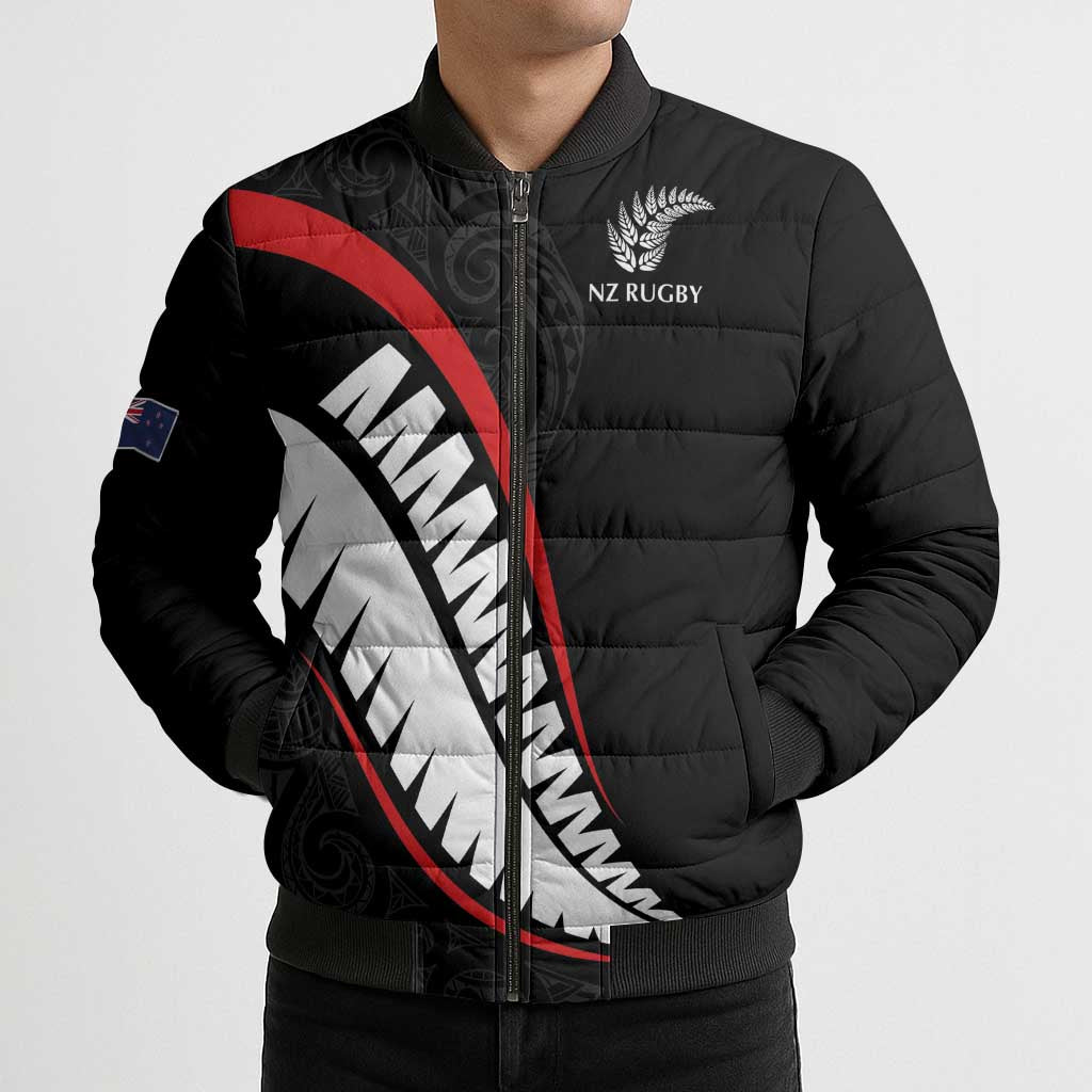 New Zealand Rugby Custom Bomber Puffer Jacket Sporty Silver Fern Shape with Maori Tattoos - Polynesian Pride