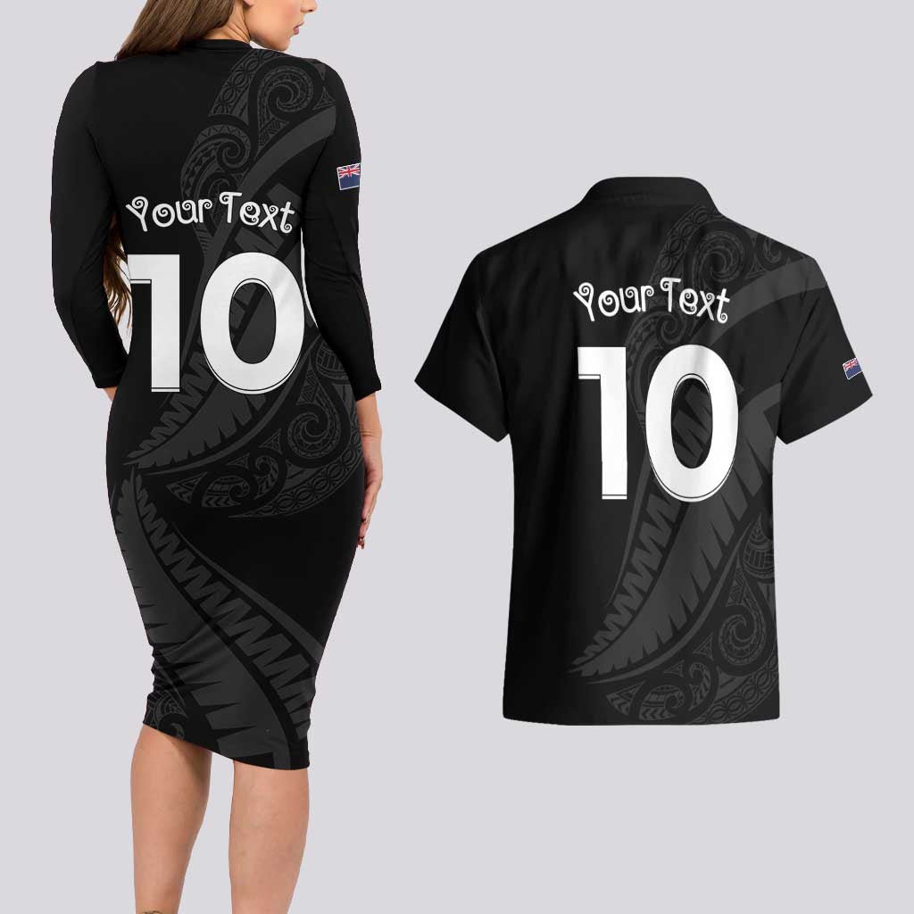 New Zealand Rugby Custom Couples Matching Long Sleeve Bodycon Dress and Hawaiian Shirt Sporty Silver Fern Shape with Maori Tattoos LT03 - Polynesian Pride