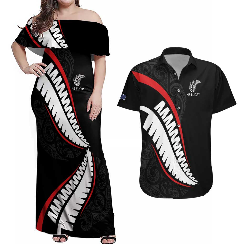 New Zealand Rugby Custom Couples Matching Off Shoulder Maxi Dress and Hawaiian Shirt Sporty Silver Fern Shape with Maori Tattoos LT03 Black - Polynesian Pride