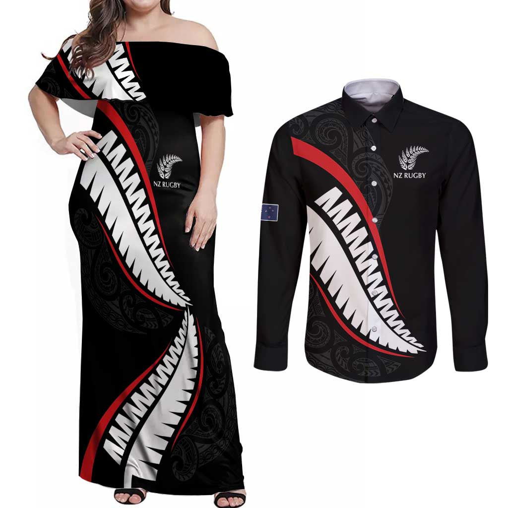 New Zealand Rugby Custom Couples Matching Off Shoulder Maxi Dress and Long Sleeve Button Shirt Sporty Silver Fern Shape with Maori Tattoos LT03 Black - Polynesian Pride