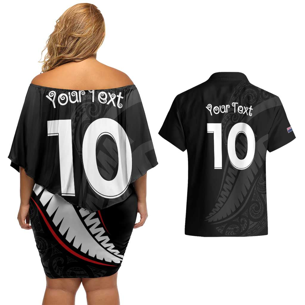 New Zealand Rugby Custom Couples Matching Off Shoulder Short Dress and Hawaiian Shirt Sporty Silver Fern Shape with Maori Tattoos LT03 - Polynesian Pride