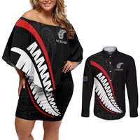 New Zealand Rugby Custom Couples Matching Off Shoulder Short Dress and Long Sleeve Button Shirt Sporty Silver Fern Shape with Maori Tattoos LT03 Black - Polynesian Pride