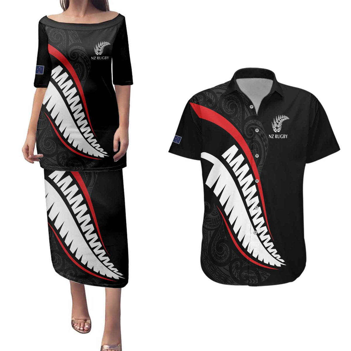 New Zealand Rugby Custom Couples Matching Puletasi and Hawaiian Shirt Sporty Silver Fern Shape with Maori Tattoos LT03 Black - Polynesian Pride