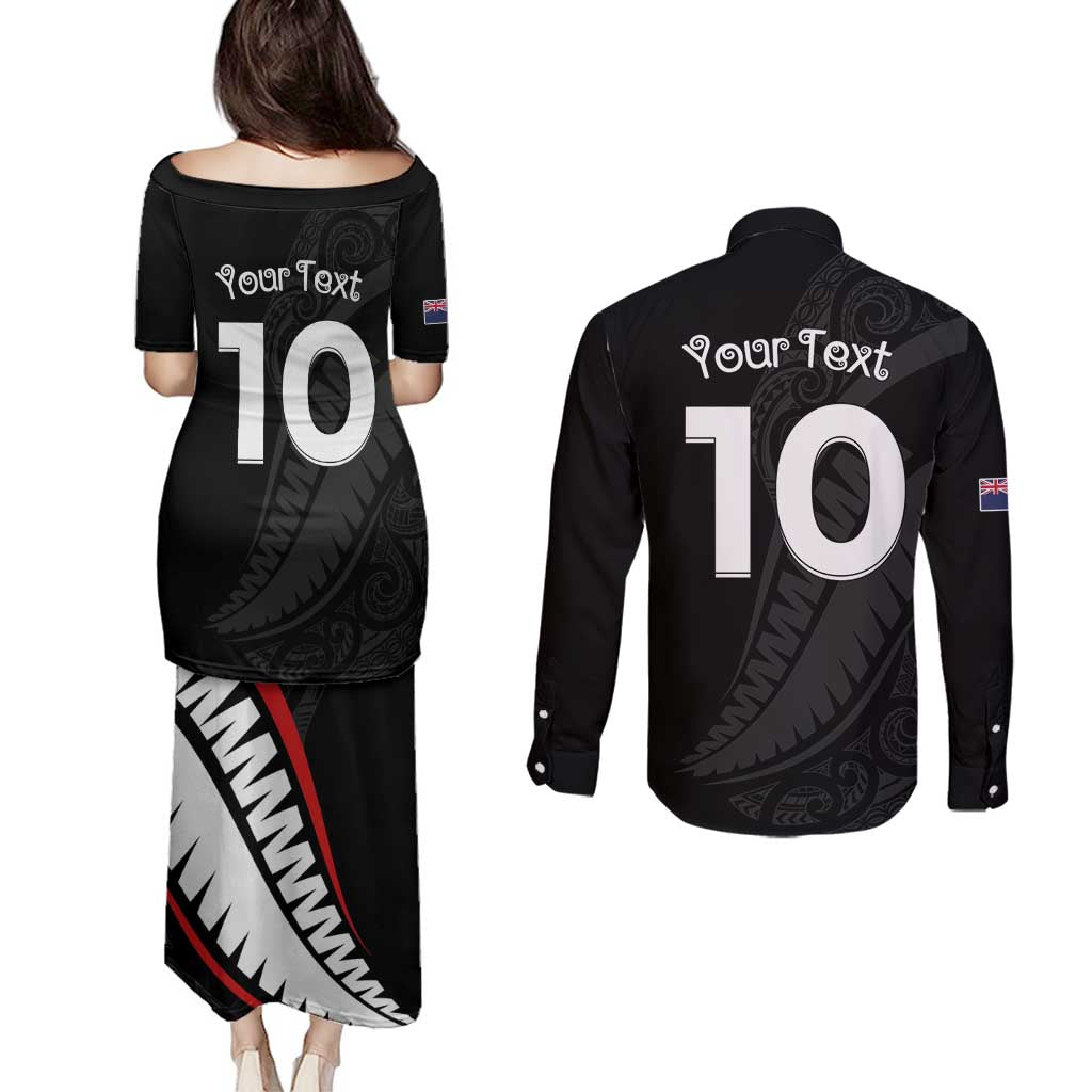 New Zealand Rugby Custom Couples Matching Puletasi and Long Sleeve Button Shirt Sporty Silver Fern Shape with Maori Tattoos LT03 - Polynesian Pride