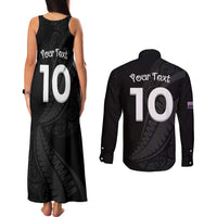 New Zealand Rugby Custom Couples Matching Tank Maxi Dress and Long Sleeve Button Shirt Sporty Silver Fern Shape with Maori Tattoos LT03 - Polynesian Pride