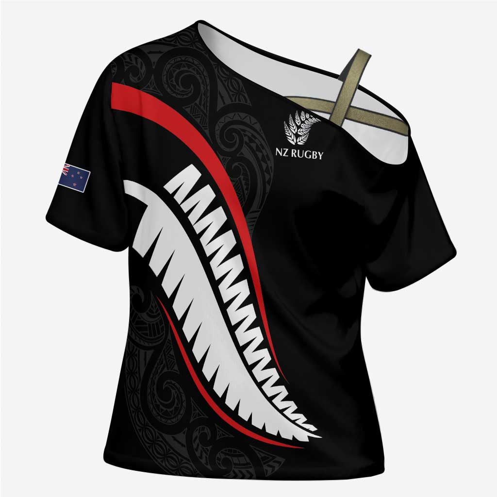 New Zealand Rugby Custom Cross Shoulder Shirt Sporty Silver Fern Shape with Maori Tattoos - Polynesian Pride