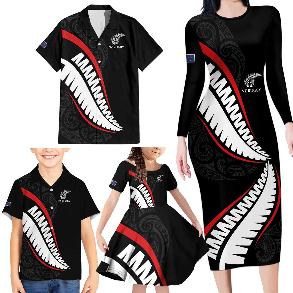 New Zealand Rugby Custom Family Matching Long Sleeve Bodycon Dress and Hawaiian Shirt Sporty Silver Fern Shape with Maori Tattoos LT03 - Polynesian Pride