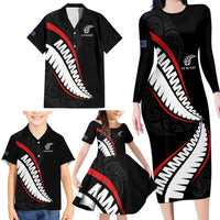 New Zealand Rugby Custom Family Matching Long Sleeve Bodycon Dress and Hawaiian Shirt Sporty Silver Fern Shape with Maori Tattoos LT03 - Polynesian Pride