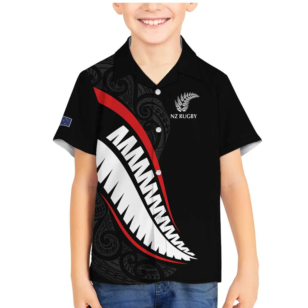 New Zealand Rugby Custom Family Matching Mermaid Dress and Hawaiian Shirt Sporty Silver Fern Shape with Maori Tattoos LT03 Son's Shirt Black - Polynesian Pride