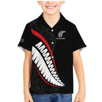 New Zealand Rugby Custom Family Matching Mermaid Dress and Hawaiian Shirt Sporty Silver Fern Shape with Maori Tattoos LT03 Son's Shirt Black - Polynesian Pride
