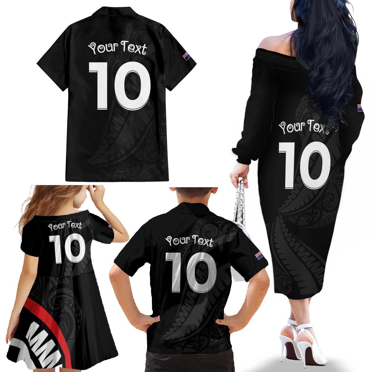 New Zealand Rugby Custom Family Matching Off The Shoulder Long Sleeve Dress and Hawaiian Shirt Sporty Silver Fern Shape with Maori Tattoos LT03 - Polynesian Pride