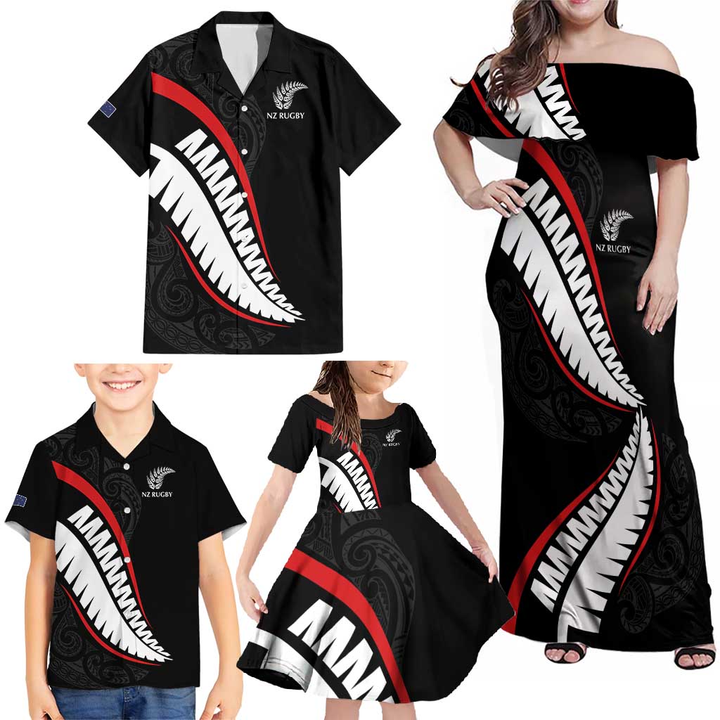 New Zealand Rugby Custom Family Matching Off Shoulder Maxi Dress and Hawaiian Shirt Sporty Silver Fern Shape with Maori Tattoos LT03 - Polynesian Pride