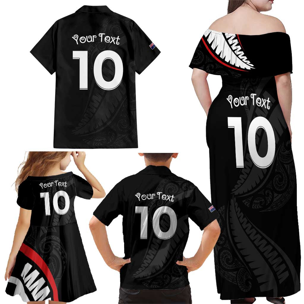 New Zealand Rugby Custom Family Matching Off Shoulder Maxi Dress and Hawaiian Shirt Sporty Silver Fern Shape with Maori Tattoos LT03 - Polynesian Pride