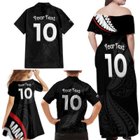 New Zealand Rugby Custom Family Matching Off Shoulder Maxi Dress and Hawaiian Shirt Sporty Silver Fern Shape with Maori Tattoos LT03 - Polynesian Pride