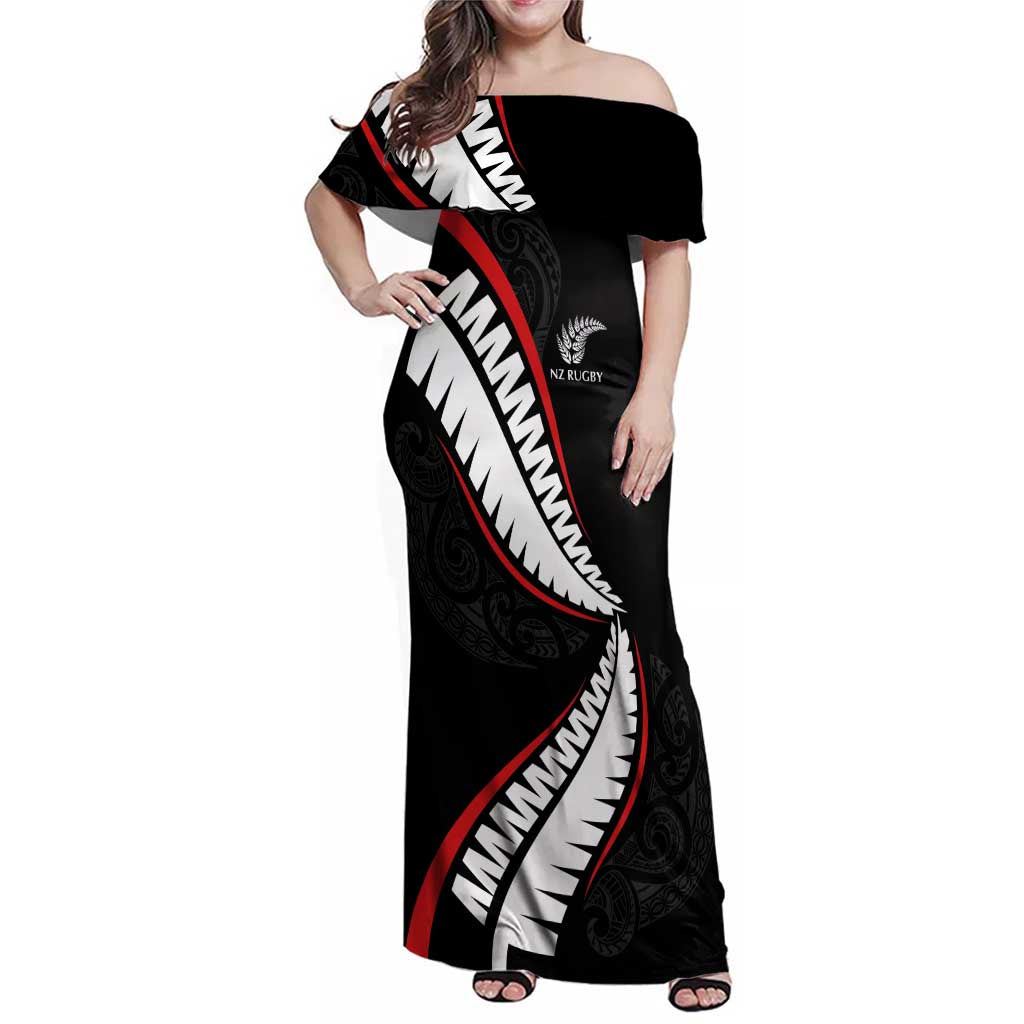 New Zealand Rugby Custom Family Matching Off Shoulder Maxi Dress and Hawaiian Shirt Sporty Silver Fern Shape with Maori Tattoos LT03 Mom's Dress Black - Polynesian Pride