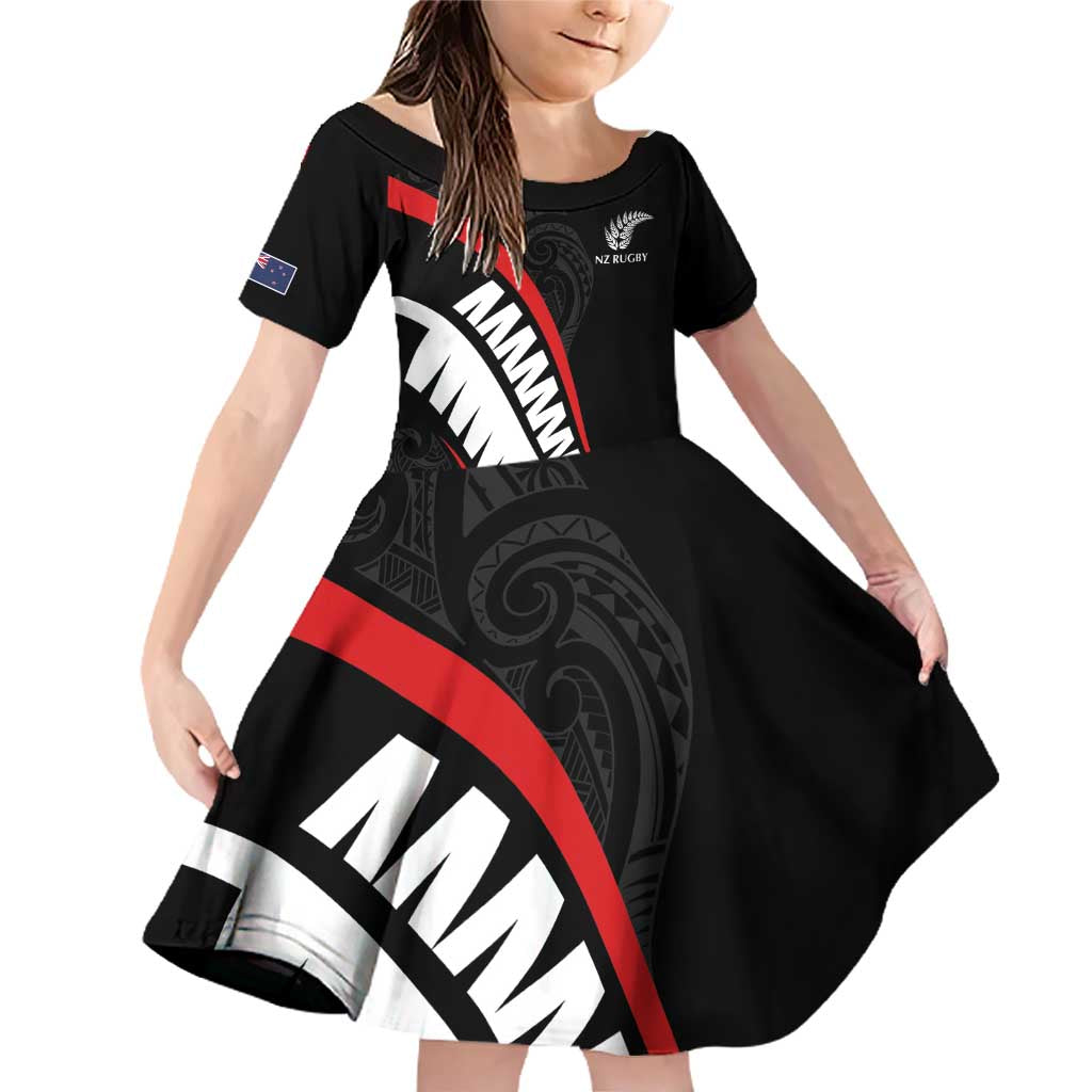 New Zealand Rugby Custom Family Matching Off Shoulder Short Dress and Hawaiian Shirt Sporty Silver Fern Shape with Maori Tattoos LT03 Daughter's Dress Black - Polynesian Pride