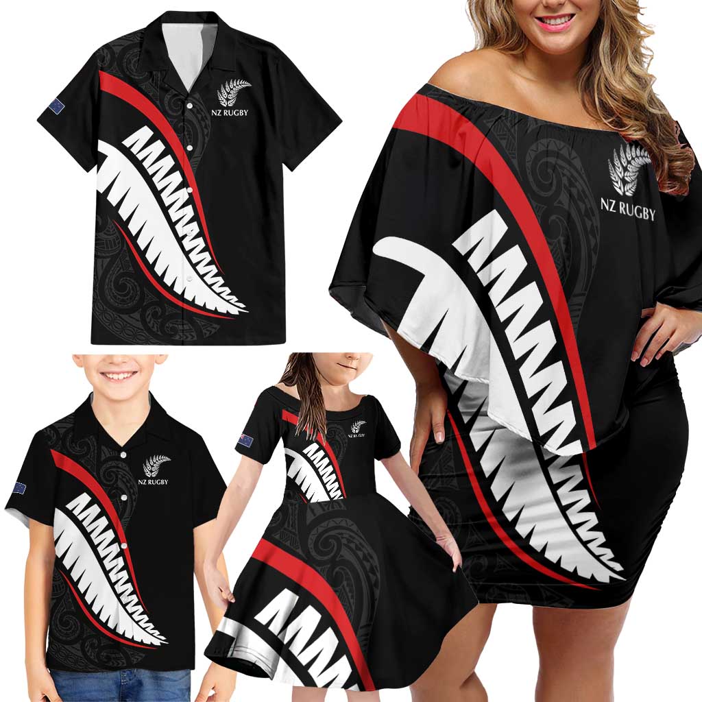 New Zealand Rugby Custom Family Matching Off Shoulder Short Dress and Hawaiian Shirt Sporty Silver Fern Shape with Maori Tattoos - Polynesian Pride