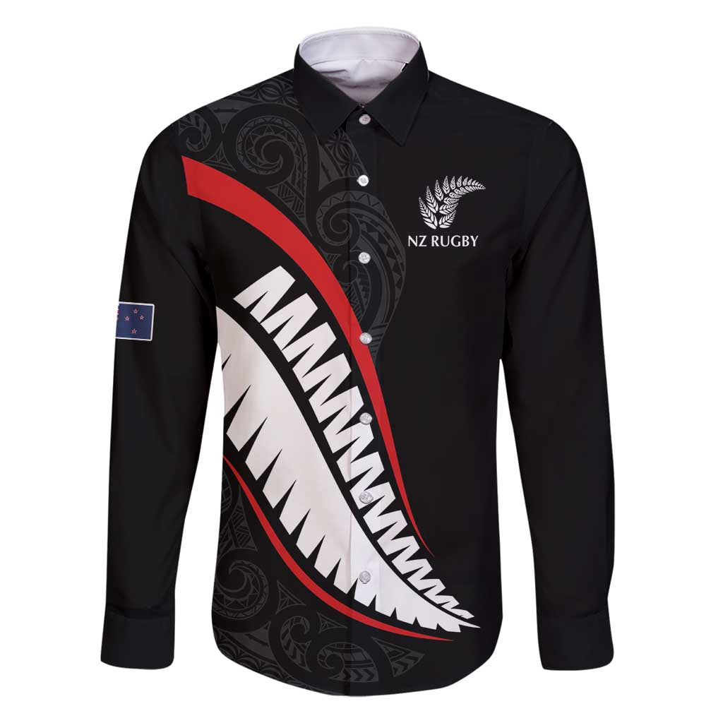 New Zealand Rugby Custom Family Matching Off Shoulder Short Dress and Hawaiian Shirt Sporty Silver Fern Shape with Maori Tattoos LT03 Dad's Shirt - Long Sleeve Black - Polynesian Pride