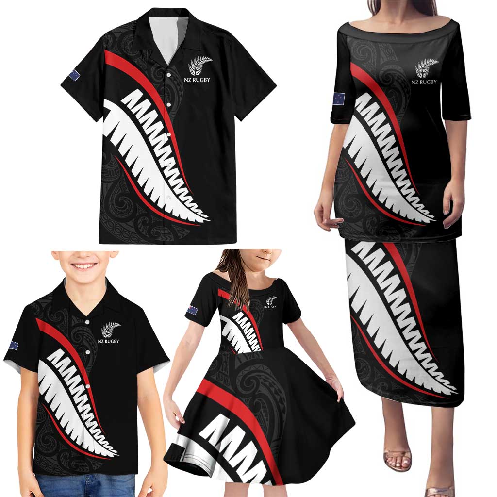 New Zealand Rugby Custom Family Matching Puletasi and Hawaiian Shirt Sporty Silver Fern Shape with Maori Tattoos LT03 - Polynesian Pride
