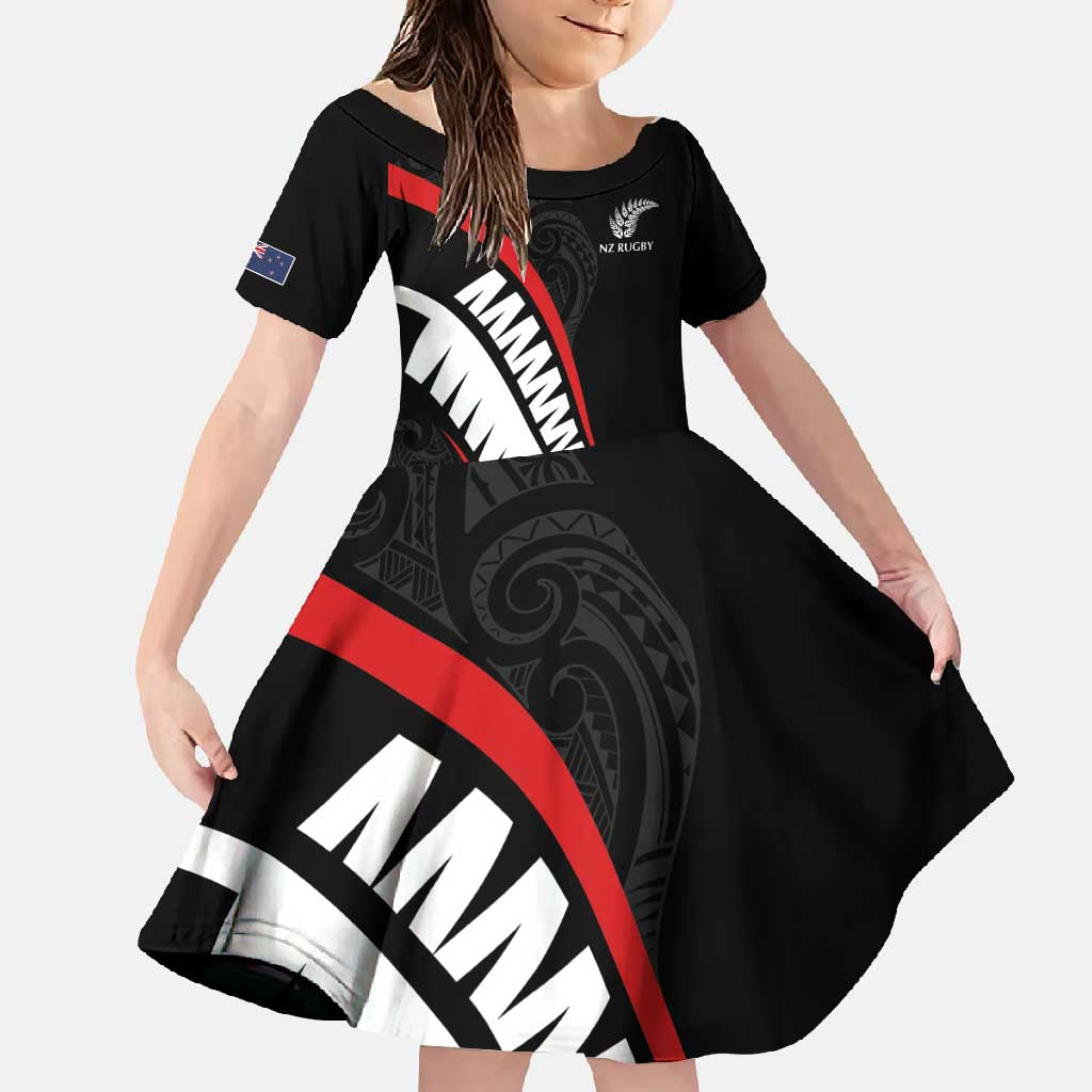 New Zealand Rugby Custom Family Matching Summer Maxi Dress and Hawaiian Shirt Sporty Silver Fern Shape with Maori Tattoos LT03 Daughter's Dress Black - Polynesian Pride