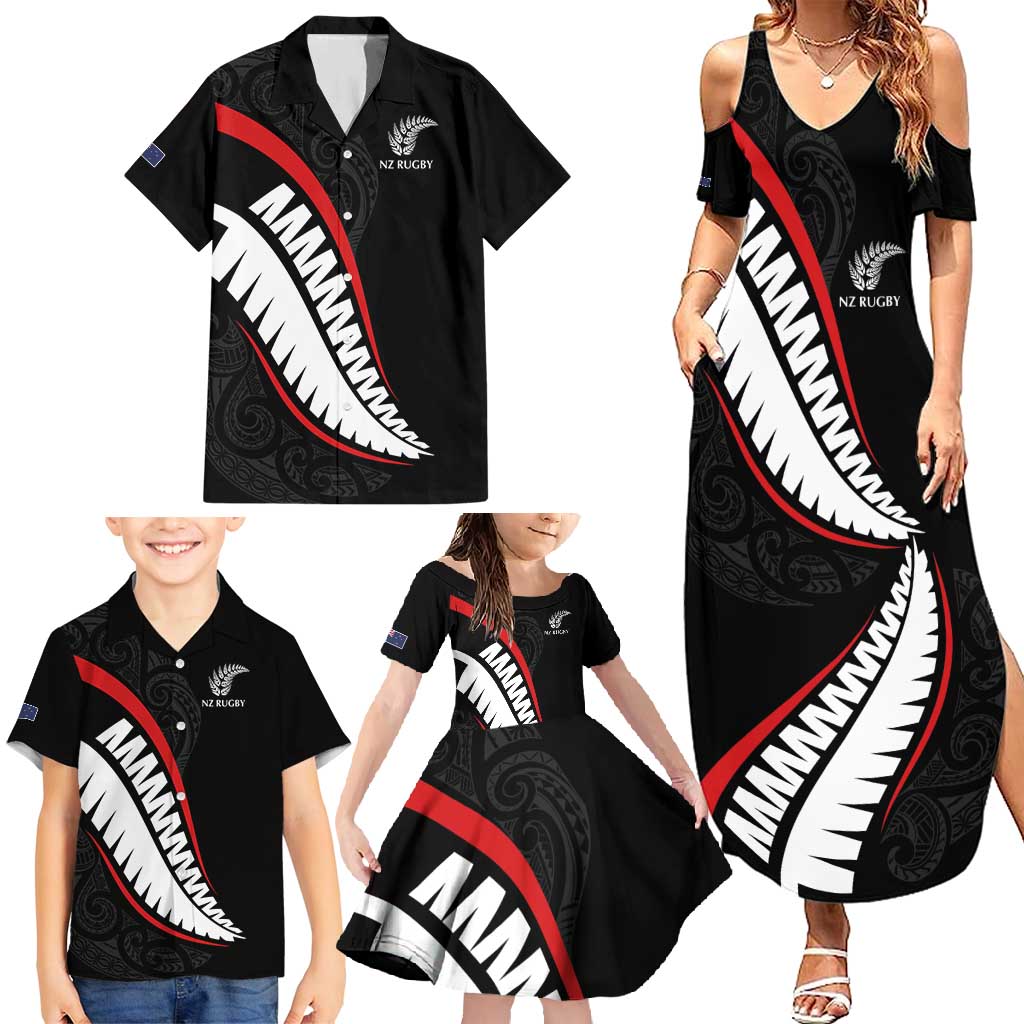 New Zealand Rugby Custom Family Matching Summer Maxi Dress and Hawaiian Shirt Sporty Silver Fern Shape with Maori Tattoos - Polynesian Pride