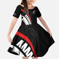 New Zealand Rugby Custom Family Matching Tank Maxi Dress and Hawaiian Shirt Sporty Silver Fern Shape with Maori Tattoos LT03 Daughter's Dress Black - Polynesian Pride