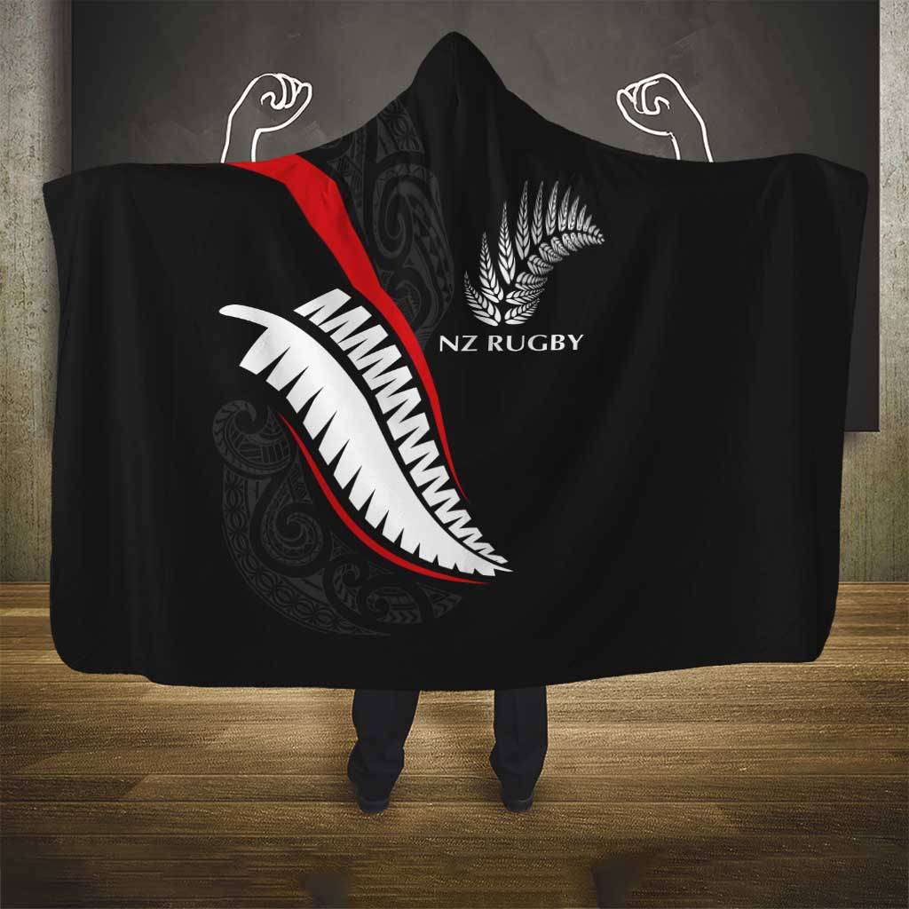 New Zealand Rugby Hooded Blanket Sporty Silver Fern Shape with Maori Tattoos LT03 - Polynesian Pride