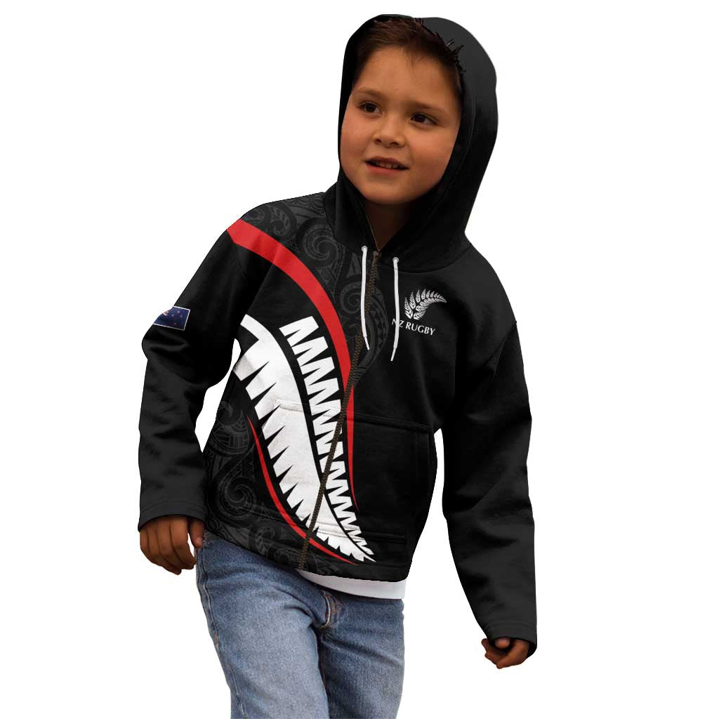 New Zealand Rugby Custom Kid Hoodie Sporty Silver Fern Shape with Maori Tattoos - Polynesian Pride