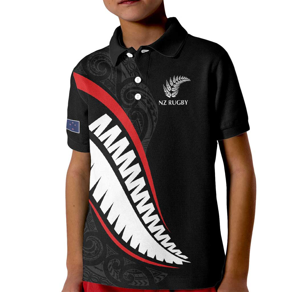 New Zealand Rugby Custom Kid Polo Shirt Sporty Silver Fern Shape with Maori Tattoos LT03 Kid Black - Polynesian Pride