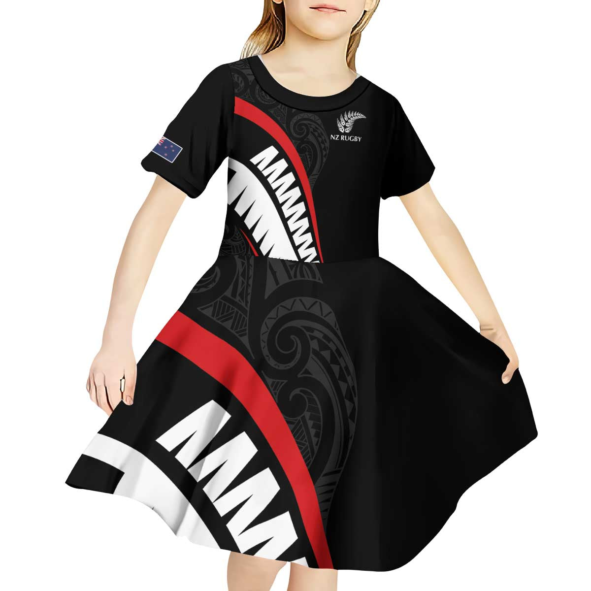 New Zealand Rugby Custom Kid Short Sleeve Dress Sporty Silver Fern Shape with Maori Tattoos LT03 - Polynesian Pride
