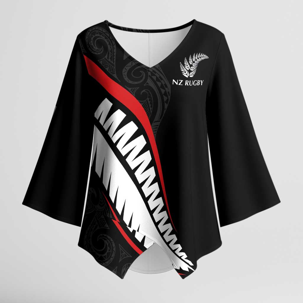 New Zealand Rugby Custom Kimono Sleeve Blouse Sporty Silver Fern Shape with Maori Tattoos - Polynesian Pride