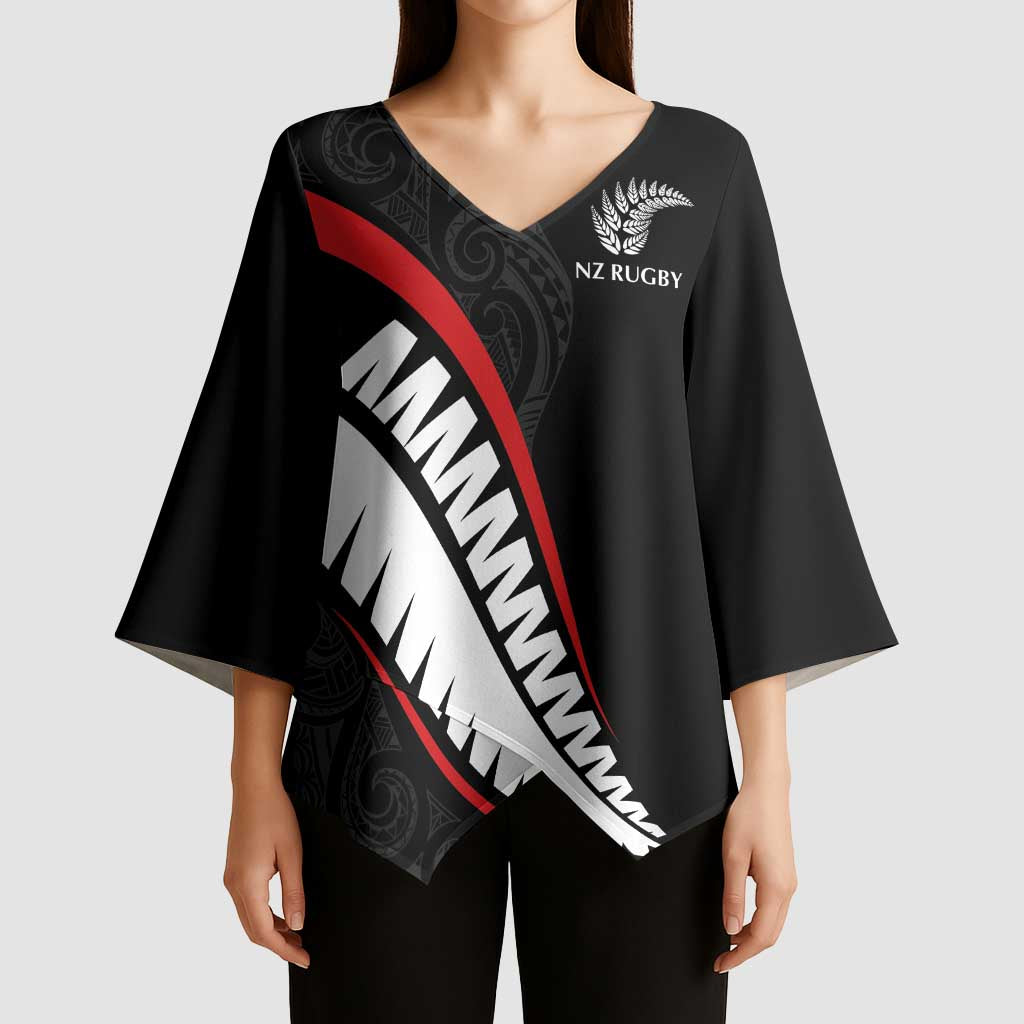 New Zealand Rugby Custom Kimono Sleeve Blouse Sporty Silver Fern Shape with Maori Tattoos LT03 - Polynesian Pride