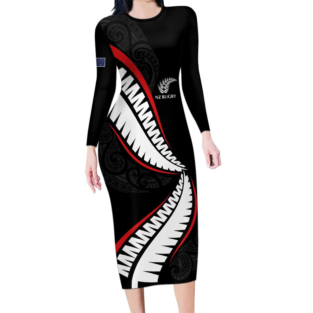 New Zealand Rugby Custom Long Sleeve Bodycon Dress Sporty Silver Fern Shape with Maori Tattoos LT03 Long Dress Black - Polynesian Pride