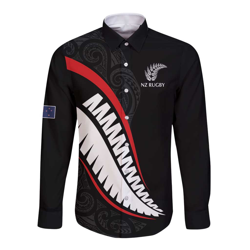 New Zealand Rugby Custom Long Sleeve Button Shirt Sporty Silver Fern Shape with Maori Tattoos LT03 Unisex Black - Polynesian Pride