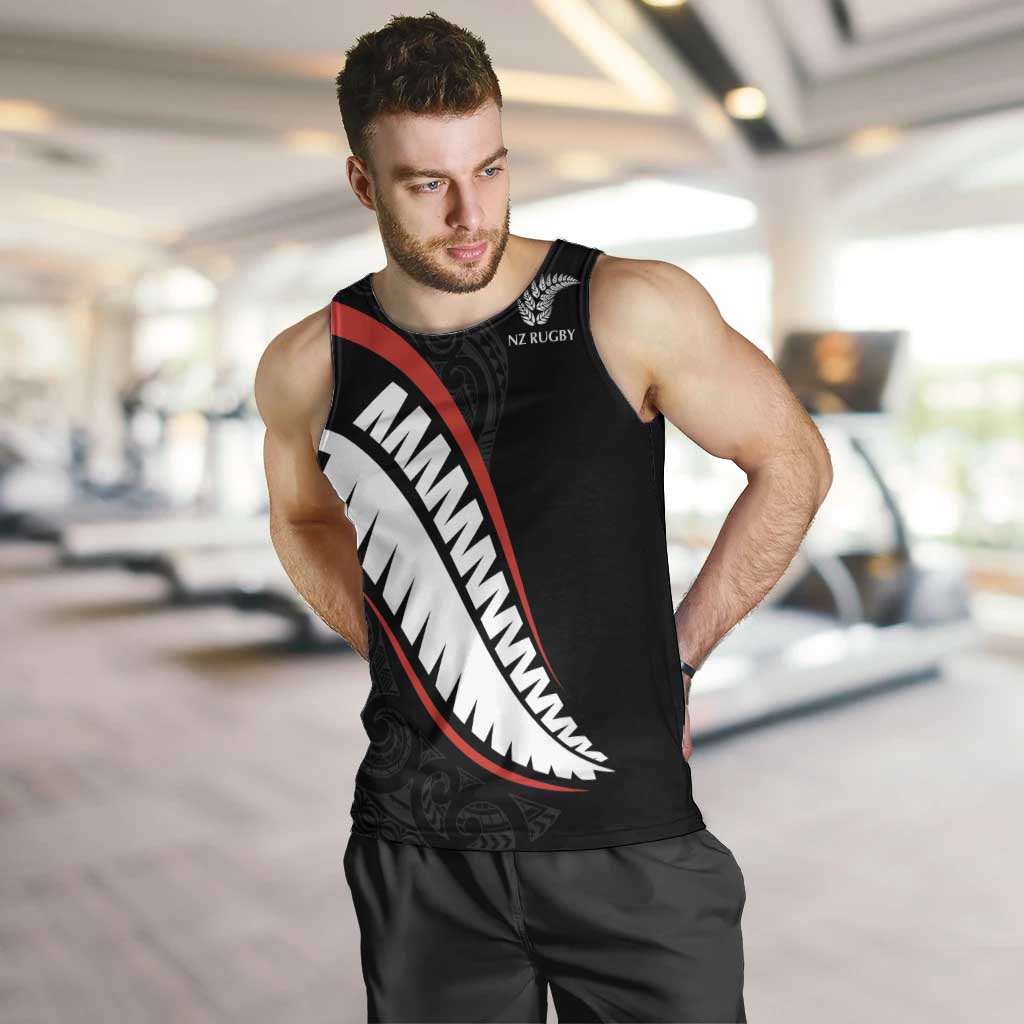 New Zealand Rugby Custom Men Tank Top Sporty Silver Fern Shape with Maori Tattoos LT03 Black - Polynesian Pride