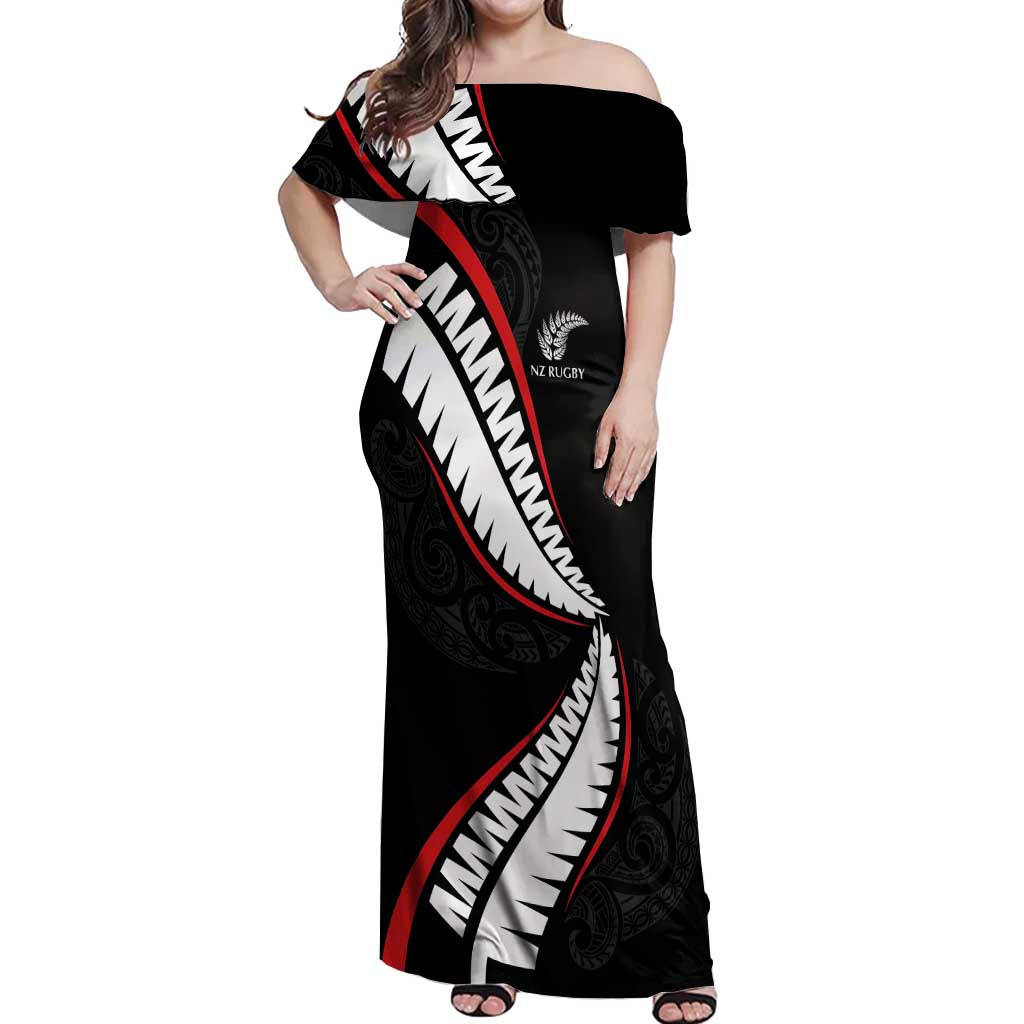 New Zealand Rugby Custom Off Shoulder Maxi Dress Sporty Silver Fern Shape with Maori Tattoos LT03 Women Black - Polynesian Pride