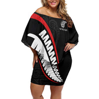 New Zealand Rugby Custom Off Shoulder Short Dress Sporty Silver Fern Shape with Maori Tattoos LT03 Women Black - Polynesian Pride