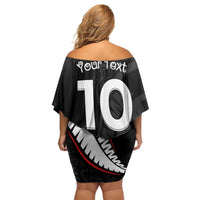 New Zealand Rugby Custom Off Shoulder Short Dress Sporty Silver Fern Shape with Maori Tattoos LT03 - Polynesian Pride