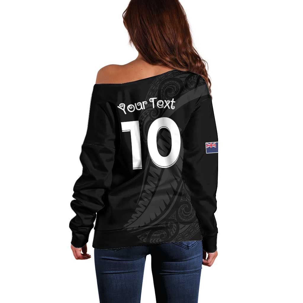New Zealand Rugby Custom Off Shoulder Sweater Sporty Silver Fern Shape with Maori Tattoos LT03 - Polynesian Pride
