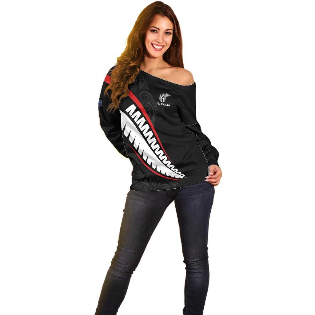 New Zealand Rugby Custom Off Shoulder Sweater Sporty Silver Fern Shape with Maori Tattoos LT03 - Polynesian Pride
