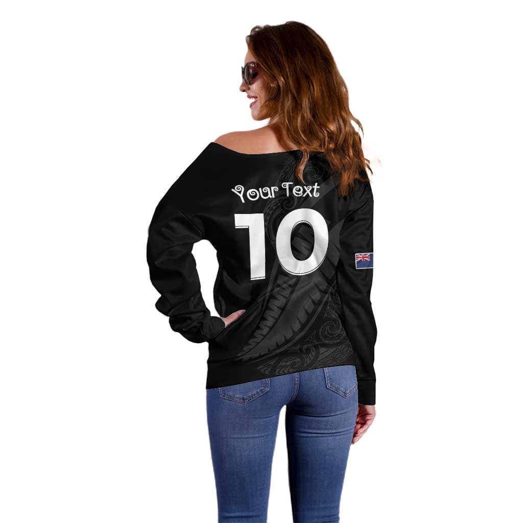 New Zealand Rugby Custom Off Shoulder Sweater Sporty Silver Fern Shape with Maori Tattoos LT03 - Polynesian Pride