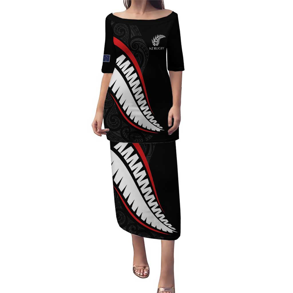 New Zealand Rugby Custom Puletasi Sporty Silver Fern Shape with Maori Tattoos LT03 Long Dress Black - Polynesian Pride