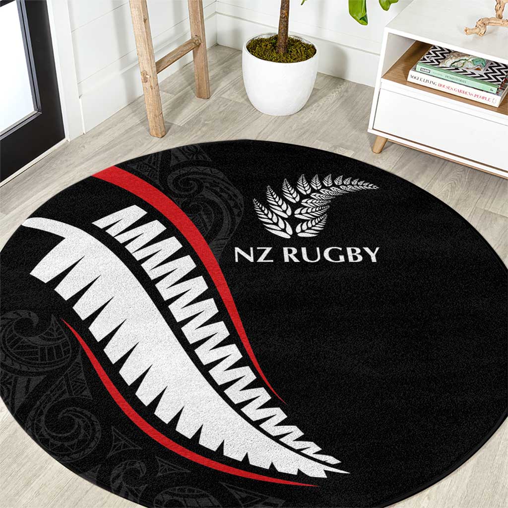New Zealand Rugby Round Carpet Sporty Silver Fern Shape with Maori Tattoos LT03 Black - Polynesian Pride