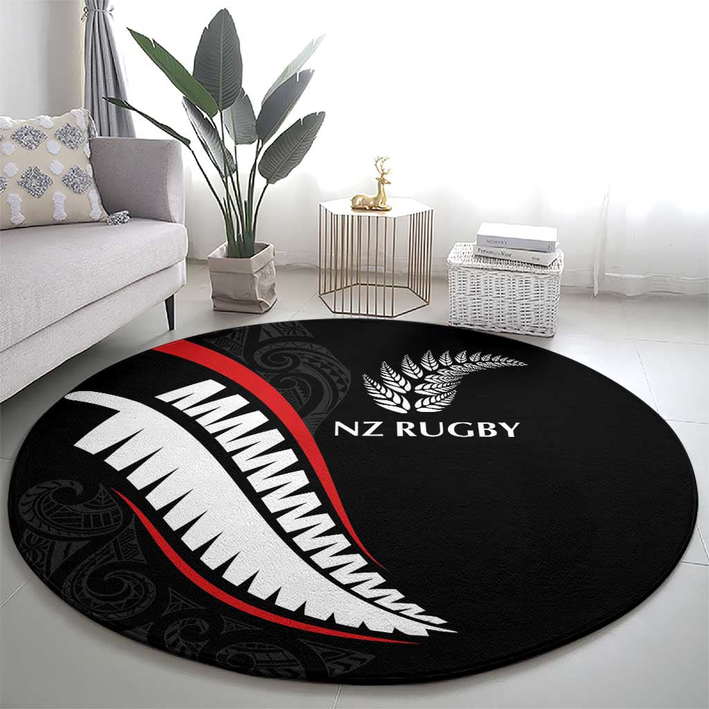 New Zealand Rugby Round Carpet Sporty Silver Fern Shape with Maori Tattoos LT03 - Polynesian Pride