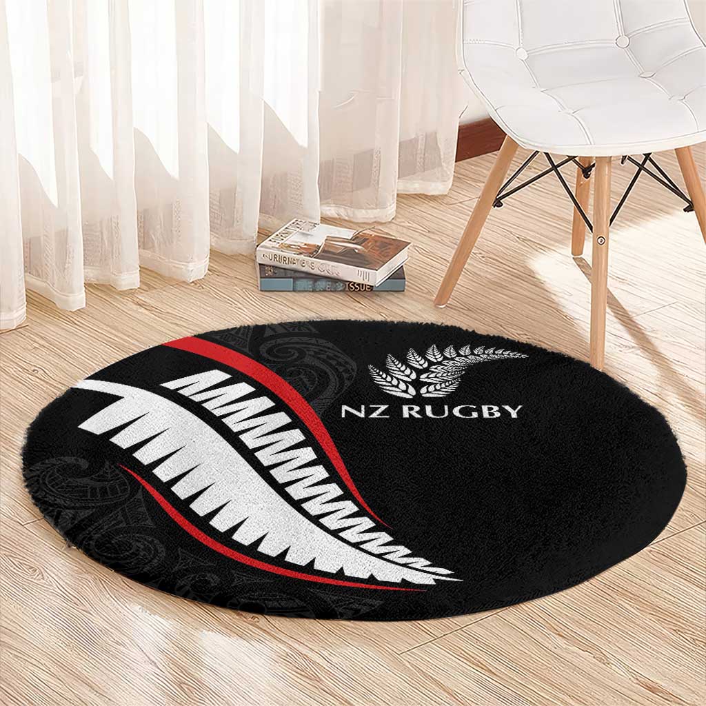New Zealand Rugby Round Carpet Sporty Silver Fern Shape with Maori Tattoos LT03 - Polynesian Pride