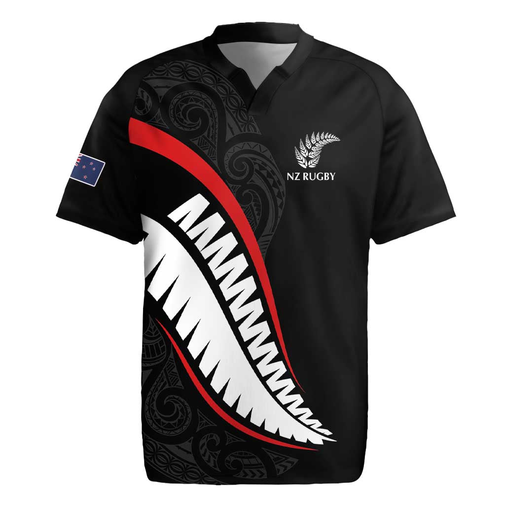 New Zealand Rugby Custom Rugby Jersey Sporty Silver Fern Shape with Maori Tattoos LT03 Black - Polynesian Pride