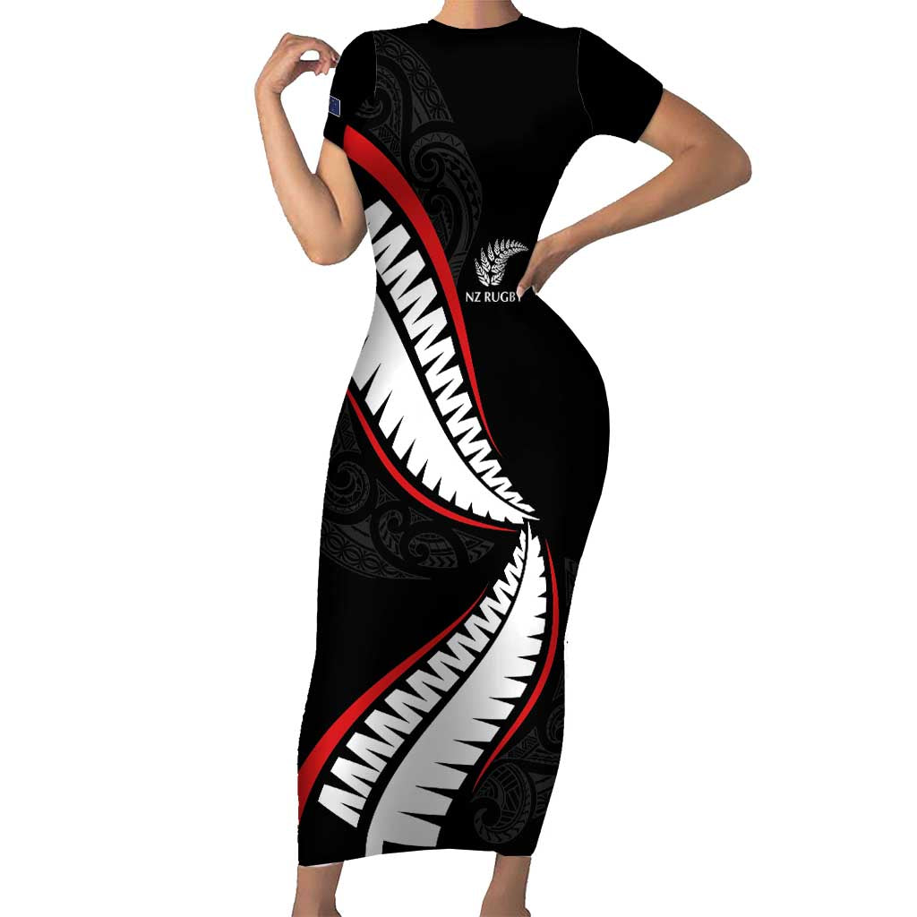 New Zealand Rugby Custom Short Sleeve Bodycon Dress Sporty Silver Fern Shape with Maori Tattoos LT03 Long Dress Black - Polynesian Pride