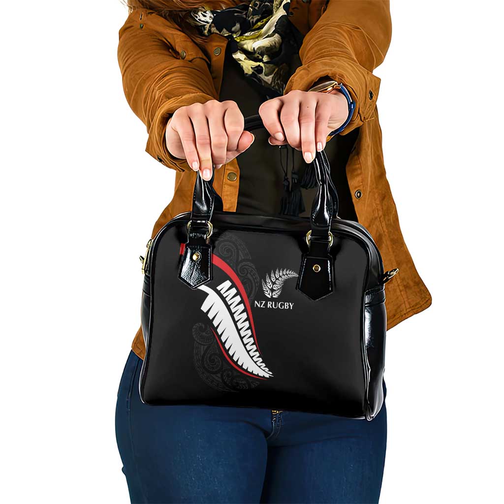 New Zealand Rugby Shoulder Handbag Sporty Silver Fern Shape with Maori Tattoos LT03 One Size Black - Polynesian Pride