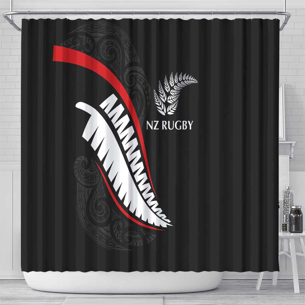 New Zealand Rugby Shower Curtain Sporty Silver Fern Shape with Maori Tattoos LT03 - Polynesian Pride