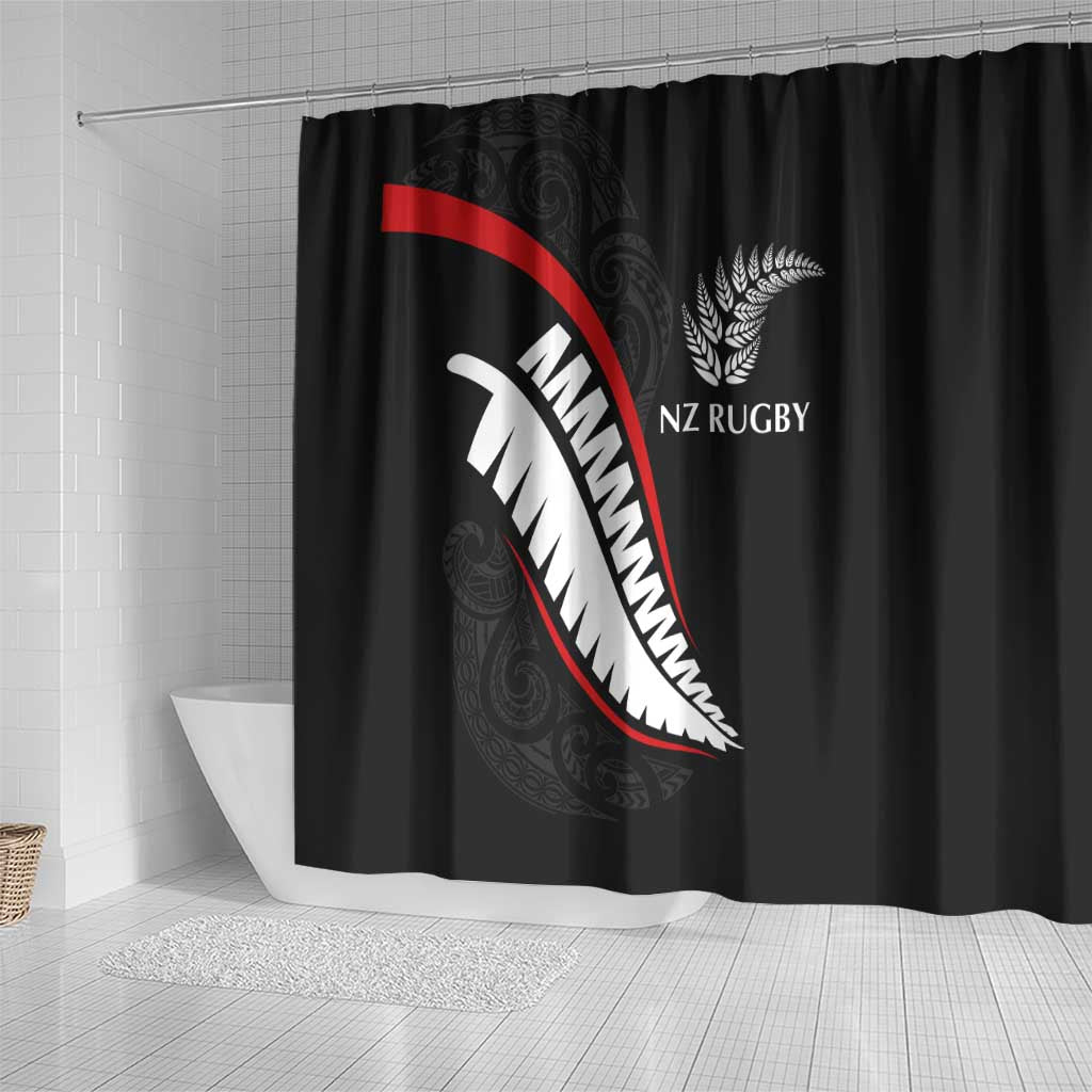 New Zealand Rugby Shower Curtain Sporty Silver Fern Shape with Maori Tattoos LT03 - Polynesian Pride